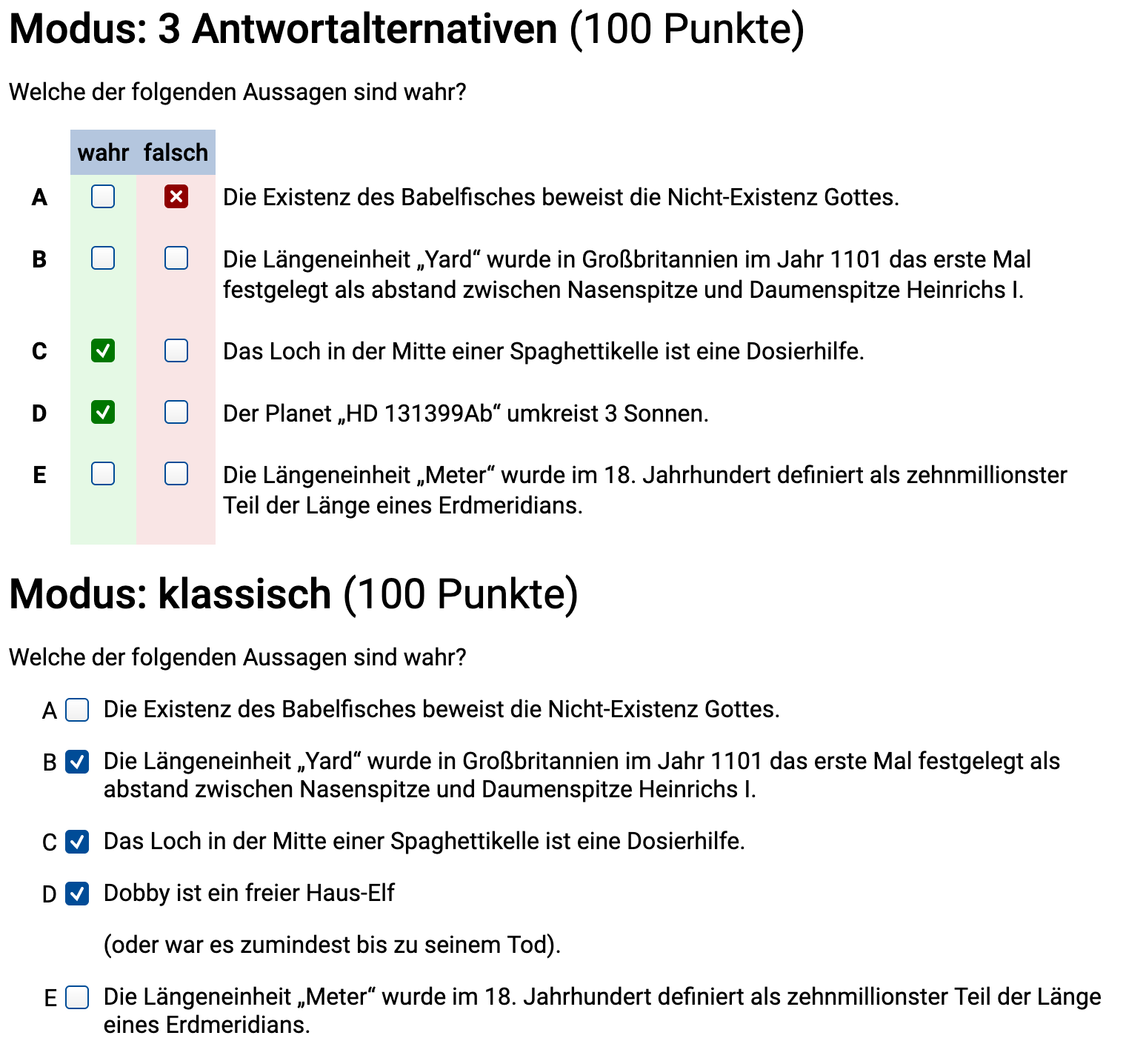 Beispiel: Mehrfachauswahl mit zwei oder drei Antwortmöglichkeiten