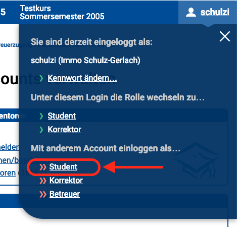 Rollenwechsel zur Studentenrolle im Login-Menü