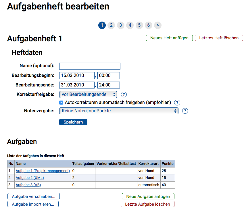 Aufgabenheft-Bearbeitung bei mehreren existierenden Heften und Aufgaben