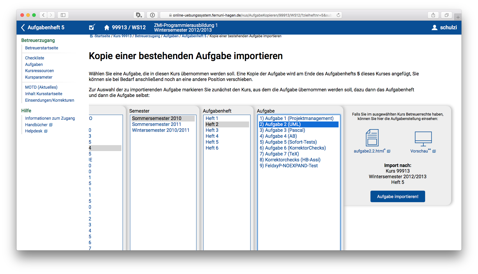 Auswahl der zu importierenden Aufgabe