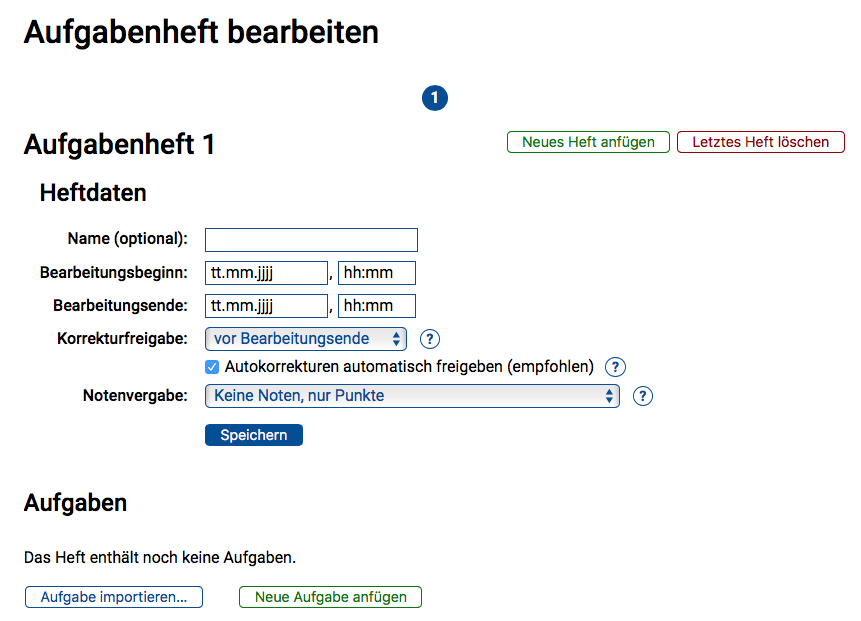 Ein erstes, noch leeres Aufgabenheft wurde erzeugt