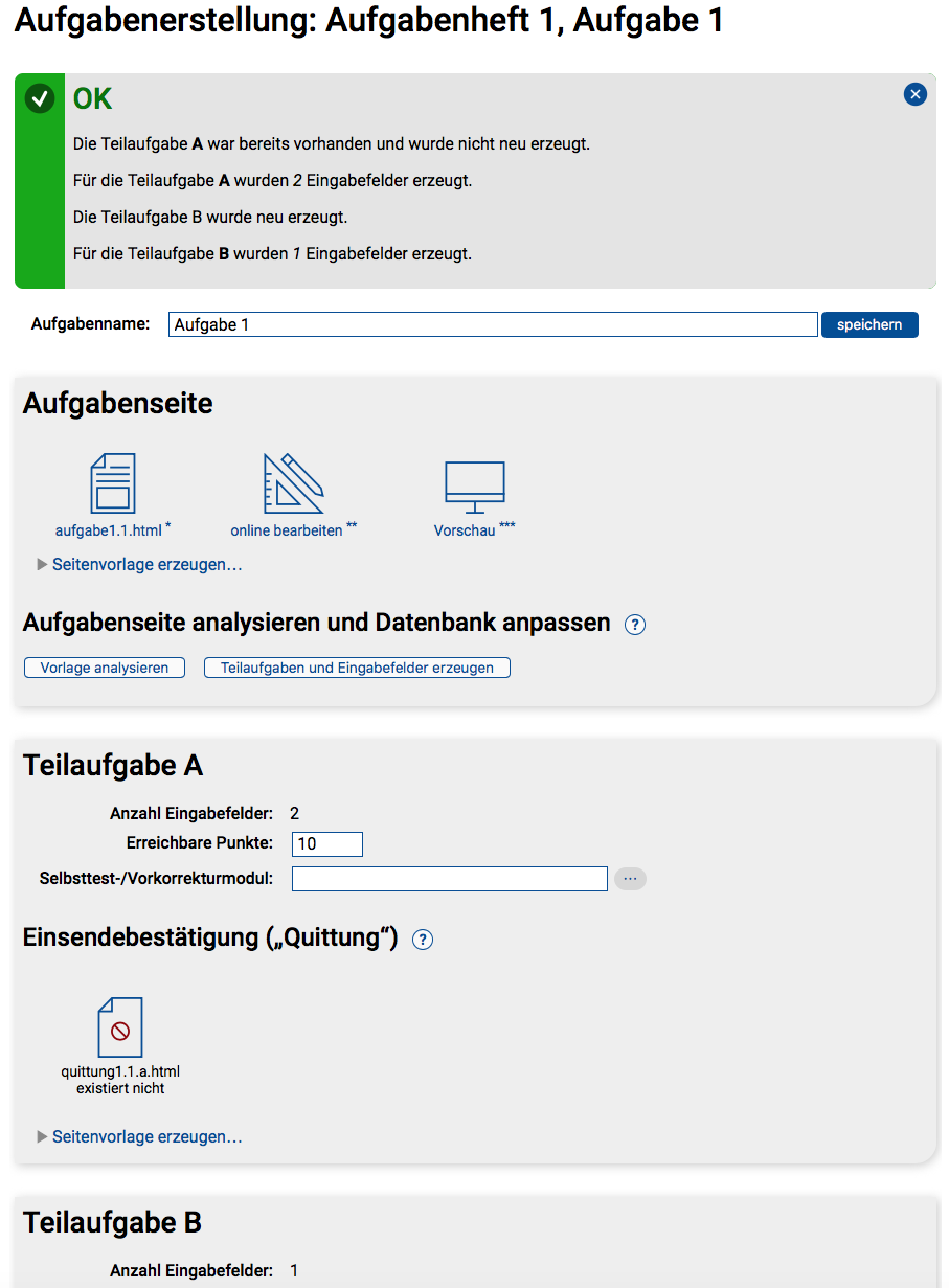 Erzeugte Teilaufgaben `A` und `B` für obiges Fallbeispiel