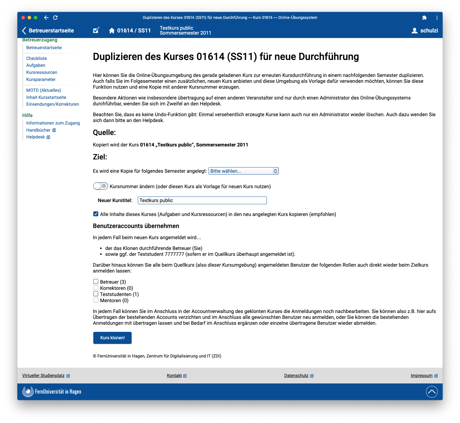Funktion zum Kurs-Klonen im Betreuer-Interface