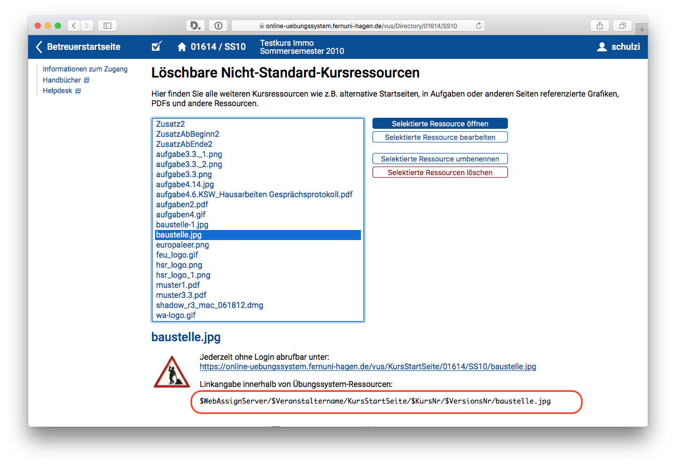 Anzeige des in Standard-Kursressourcen einzubindenden URLs zu einer anderen Kursressource