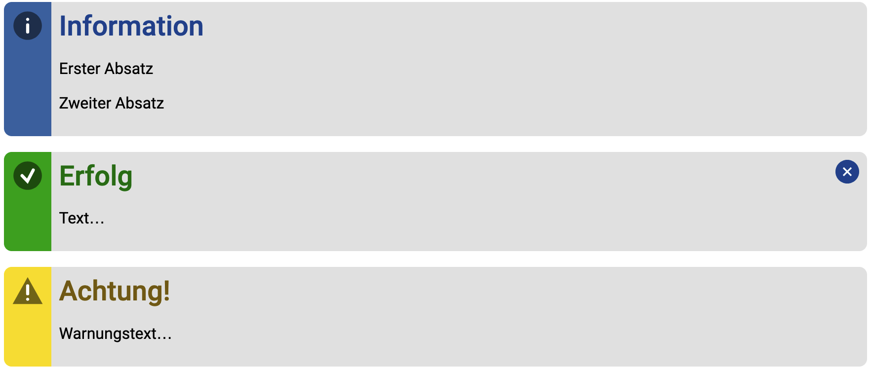 Beispielhafte Meldungs-Boxen im Design 2018 (Stand 2026)