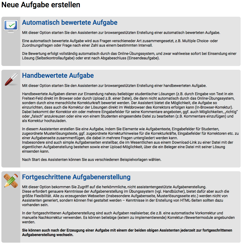 Auswahl des Aufgabeneditors beim Erstellen einer neuen Aufgabe