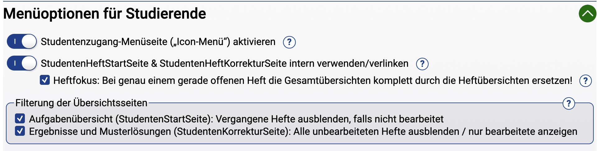 Kursparameter zu Filterung und Heftstartseiten für dieses Beispielszenario