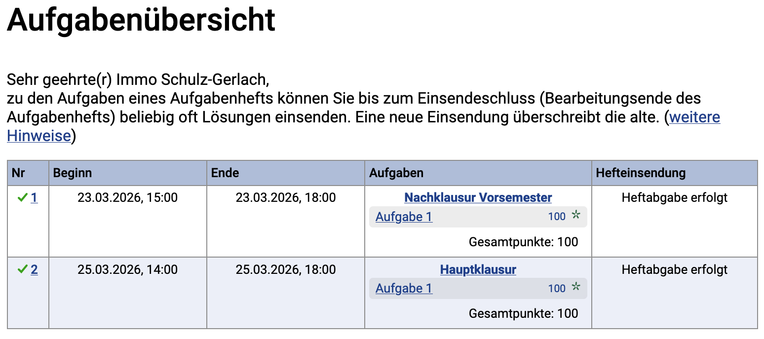 Aufgabenübersicht nach Teilnahme an beiden Klausuren