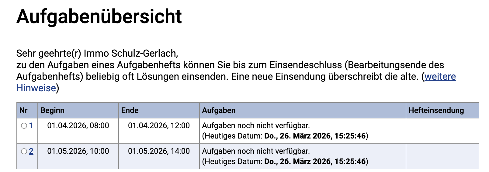 Aufgabenübersicht vor beiden Klausurterminen