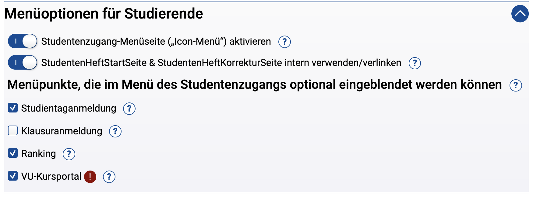 Kursparameter zu Studenten-Menüpunkten