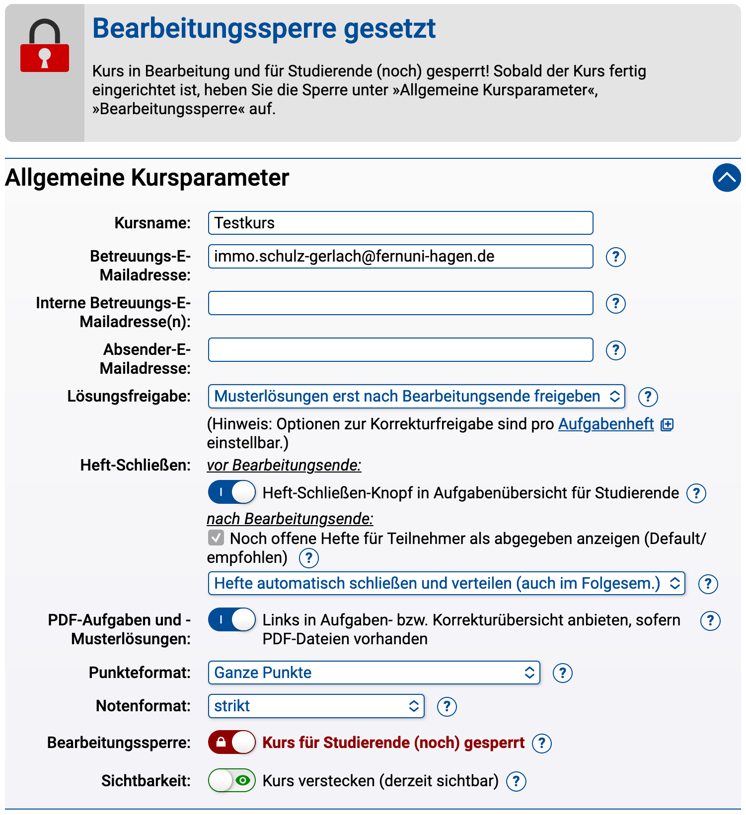 Bearbeitungssperre in den Kursparametern aktiviert