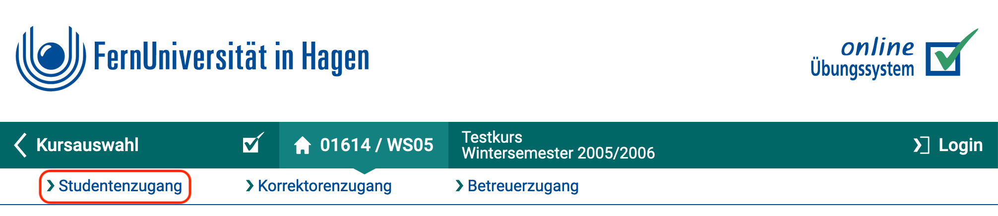 Kopf der Kursstartseite mit Studentenzugang-Menüpunkt