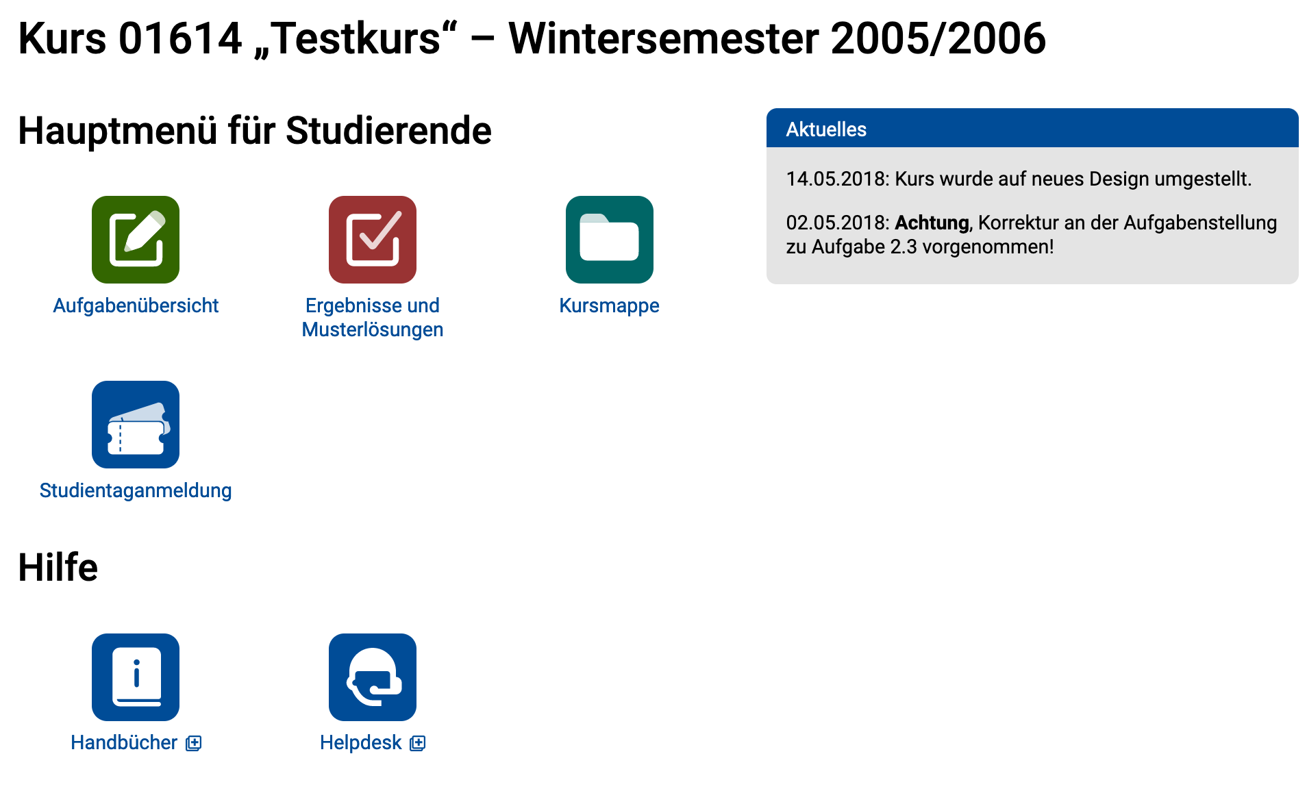 Studentenzugang-Menüseite