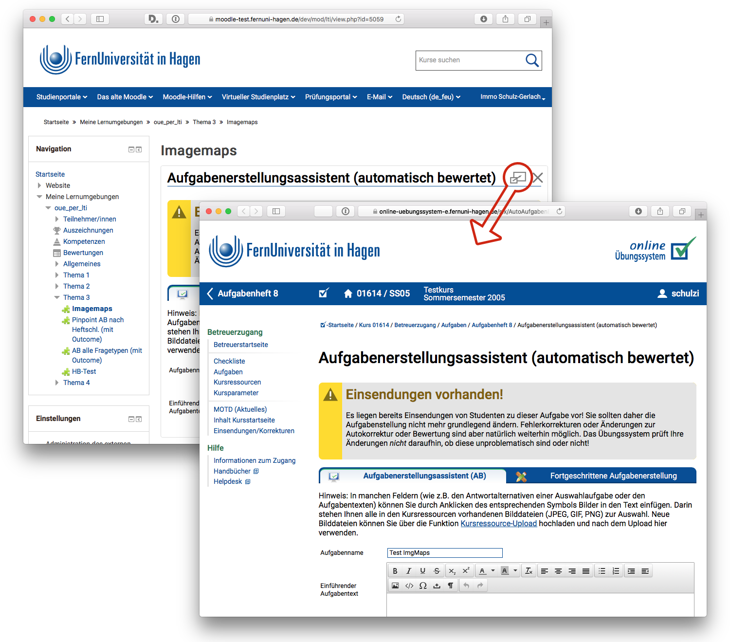 Aufgabeneditor in Moodle „abdocken“ zu Übungssystem-Fenster mit Betreuer-Menü