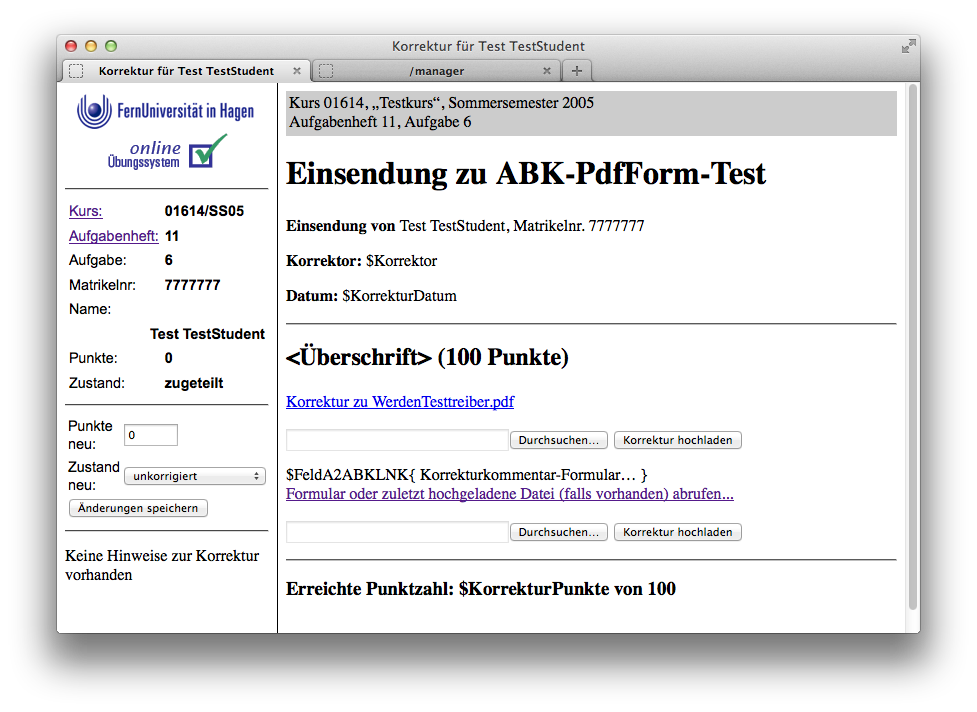 Online-Korrektur mit PDF-Einsendung und -Formular