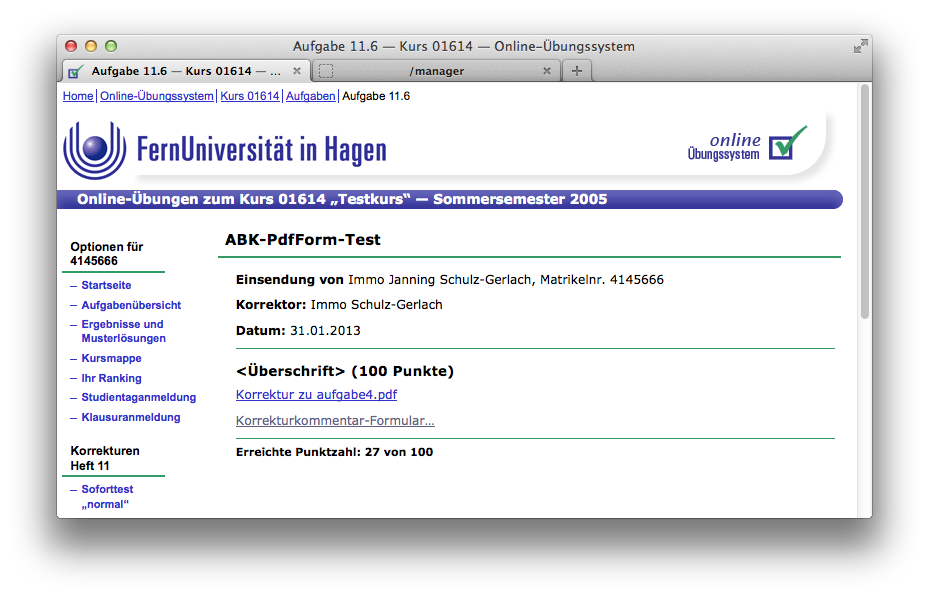 Studentensicht auf Korrektur mit korrigierter PDF-Einsendung und PDF-Formular