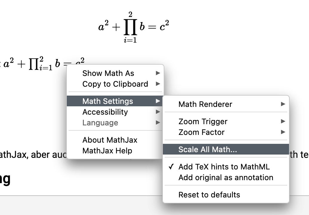 Kontext-Menü von MathJax (bei aktiviertem JavaScript)